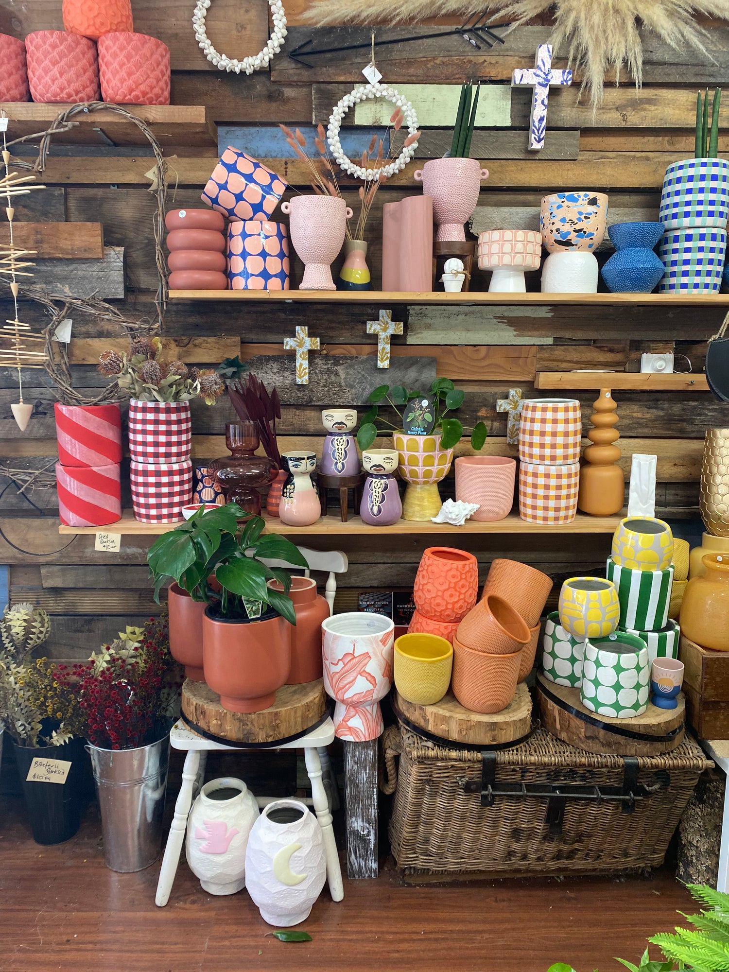 Image of store, vases, pots, plants, visual merchandise, instore view, display, pot plants, ceramic vases, ceramic post,