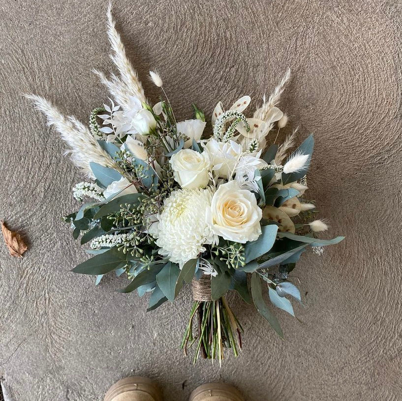Boho styled wedding bouquet, white and neutral, pampas grass, reflexed roses, bunny tails, country styled bouquet, contemporary wedding bouquet